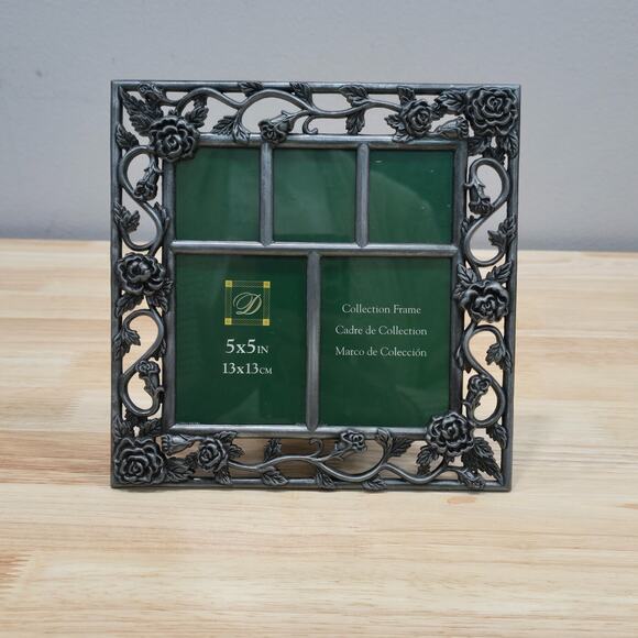 Romantic Cottagecore 5"x5" Collage Pewter Silver Tone Photo Frame Floral Buds - Picture 1 of 11